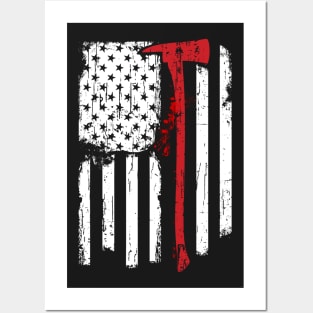 Firefighter Red Line American Flag With Fireman Axe Posters and Art